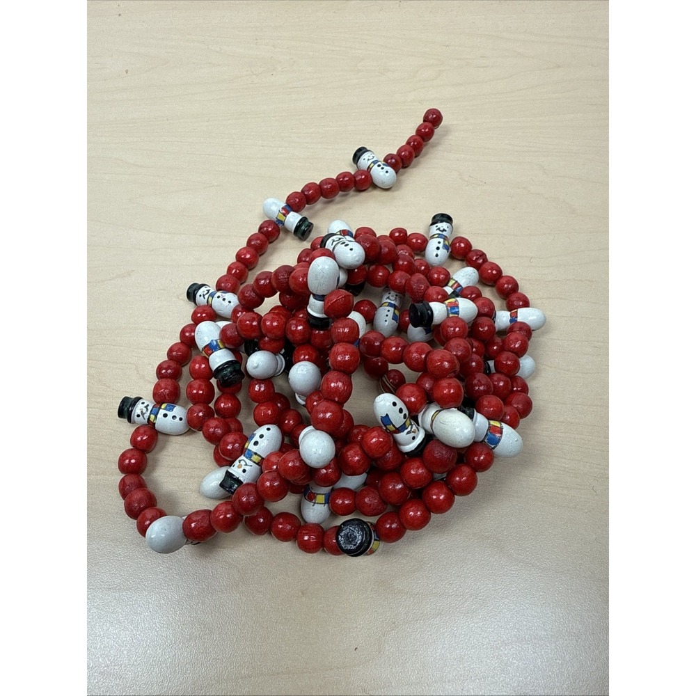 Vintage Wooden Bead Snowman Garland 8ft Strand‎